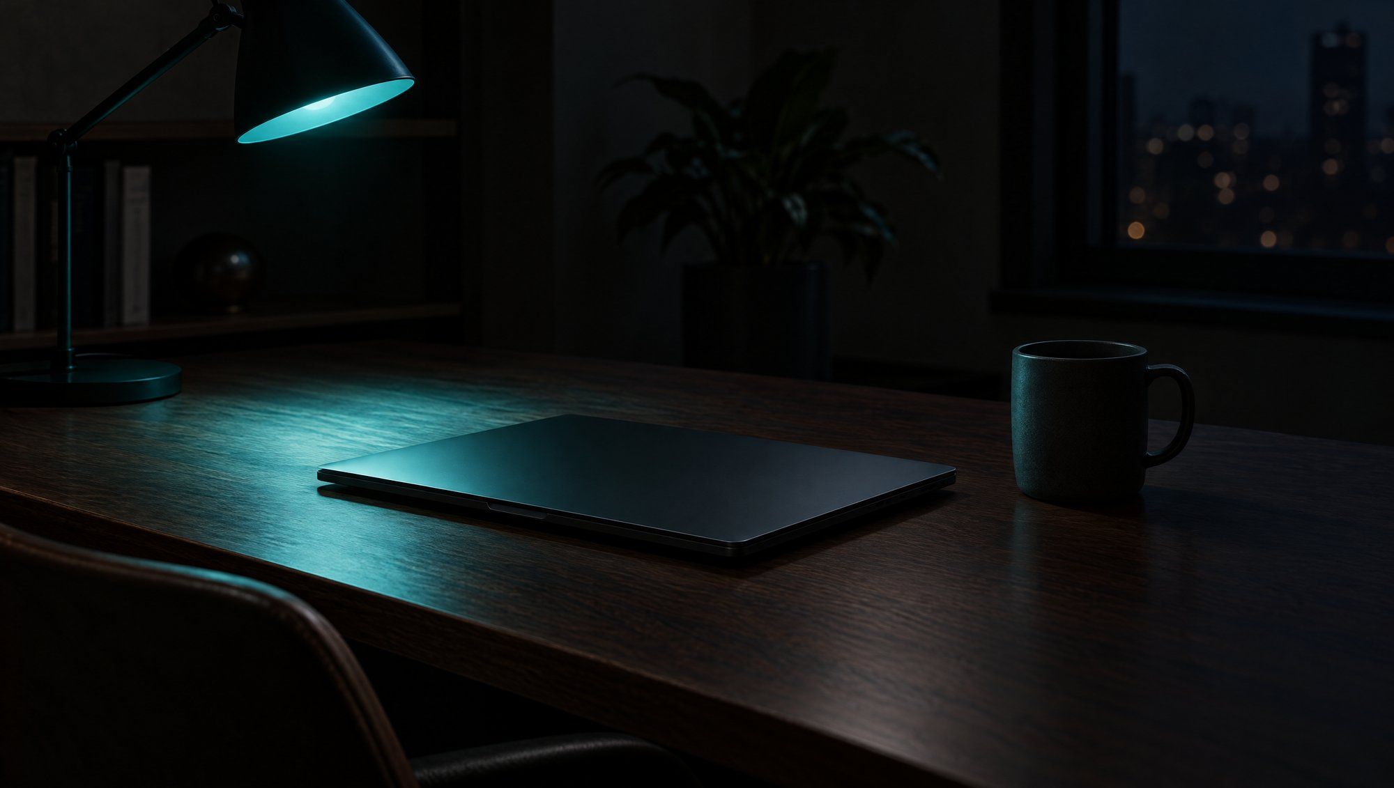 A closed laptop and a dark ceramic mug on a walnut desk at night, lit by a teal desk lamp, with city lights through a window behind.