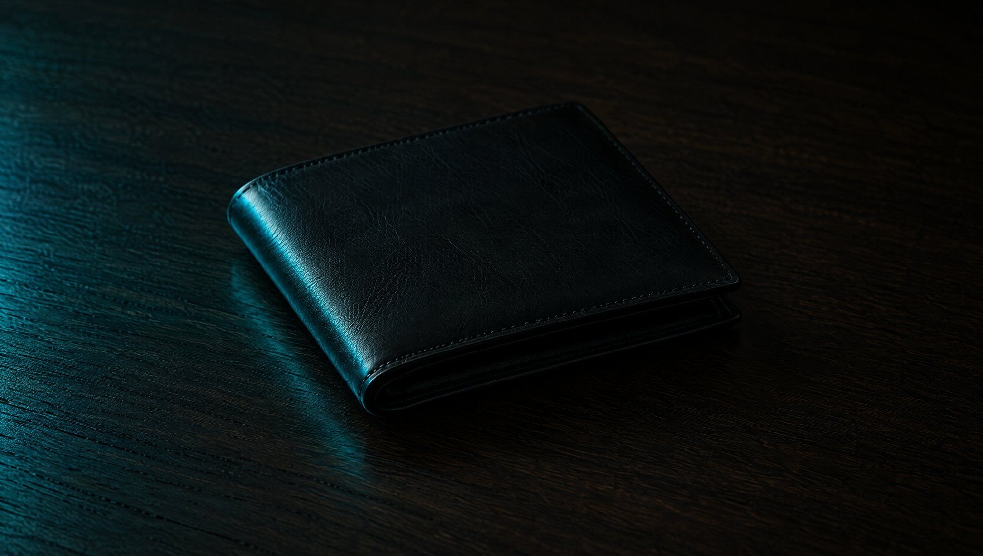 A closed dark leather wallet lying on a dark wooden table, its edge grazed by teal side light.