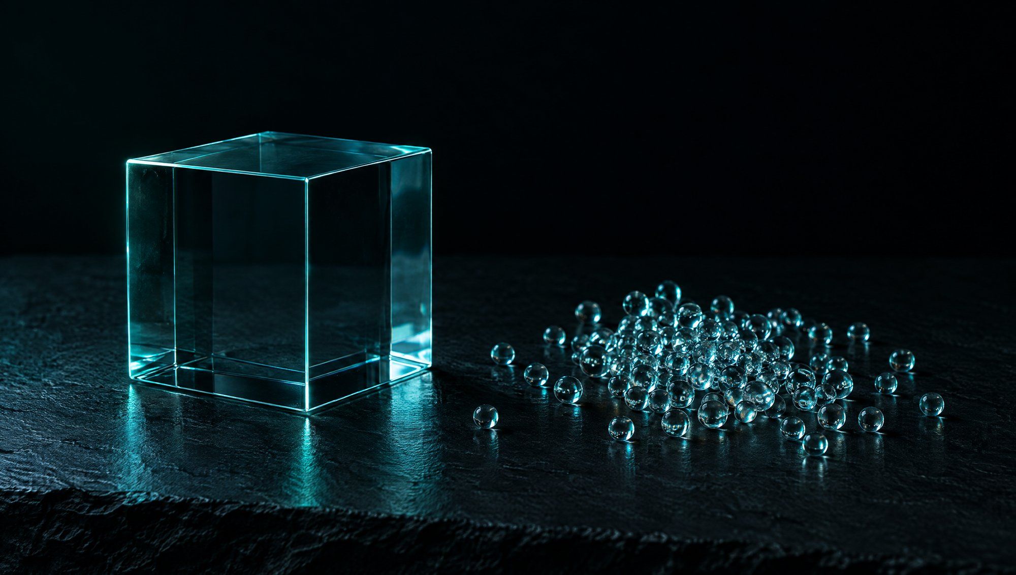 A solid clear glass cube beside a loose scatter of tiny clear glass beads on a dark slate surface, edge-lit in teal.