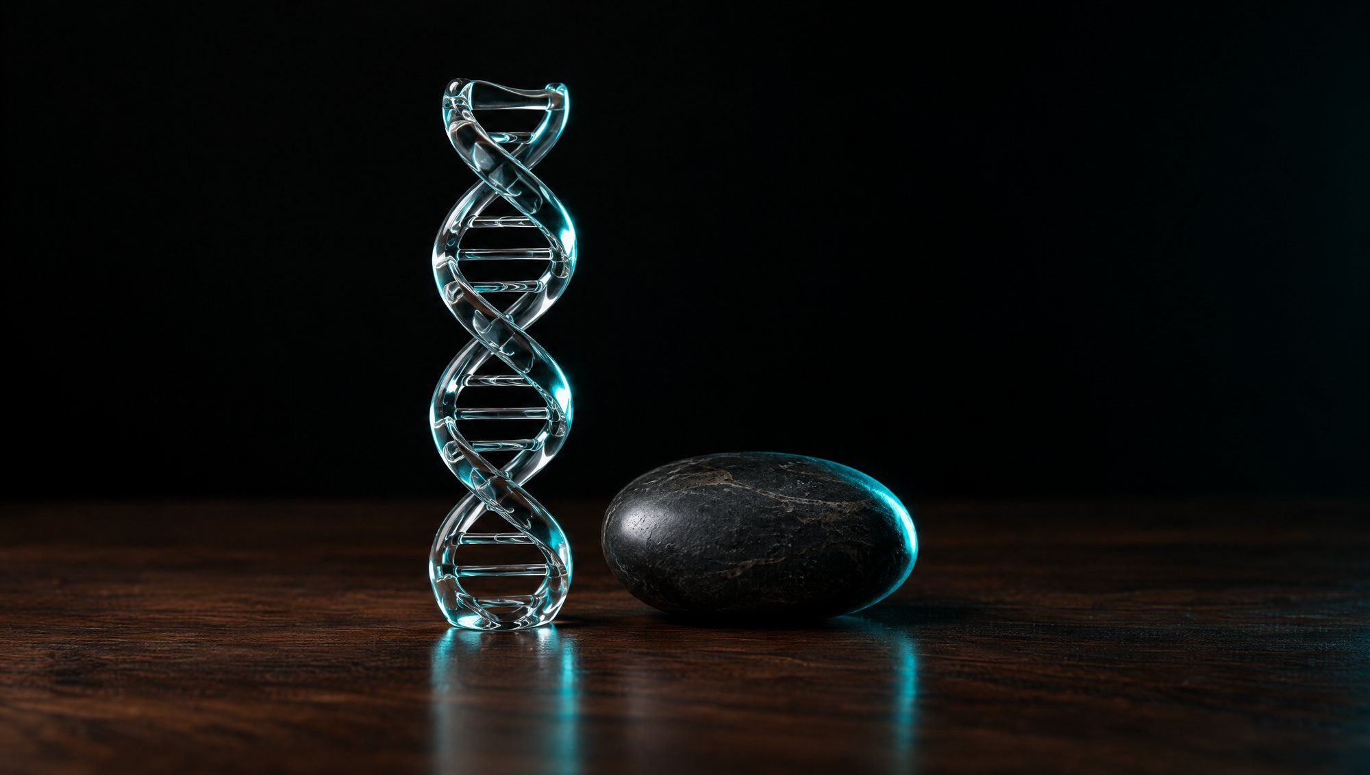 A clear glass double-helix model standing upright beside a smooth dark river stone on a walnut table, both rimmed in teal light against a black background.