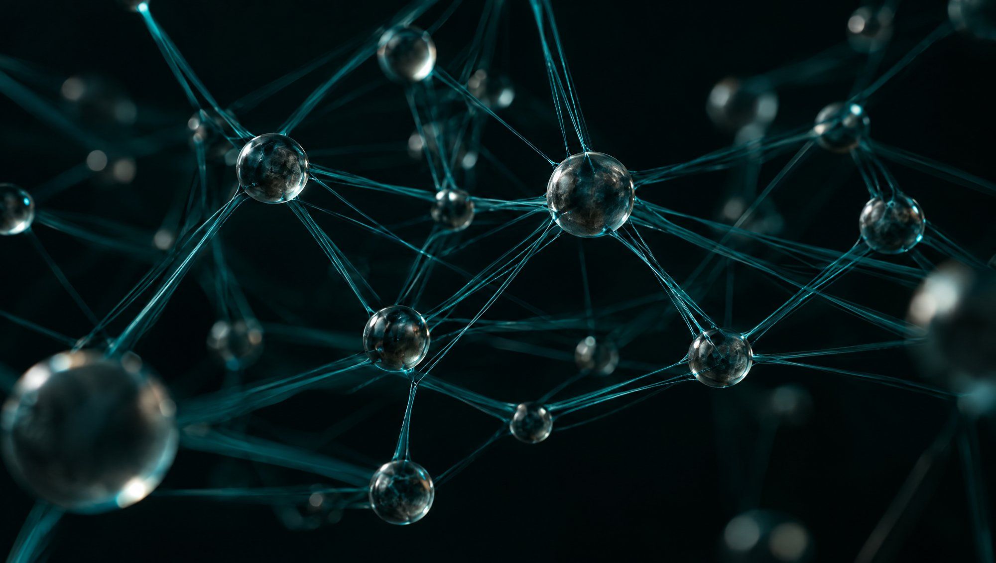 An abstract lattice of small smoky glass spheres joined by fine glowing teal threads, floating against a dark background.
