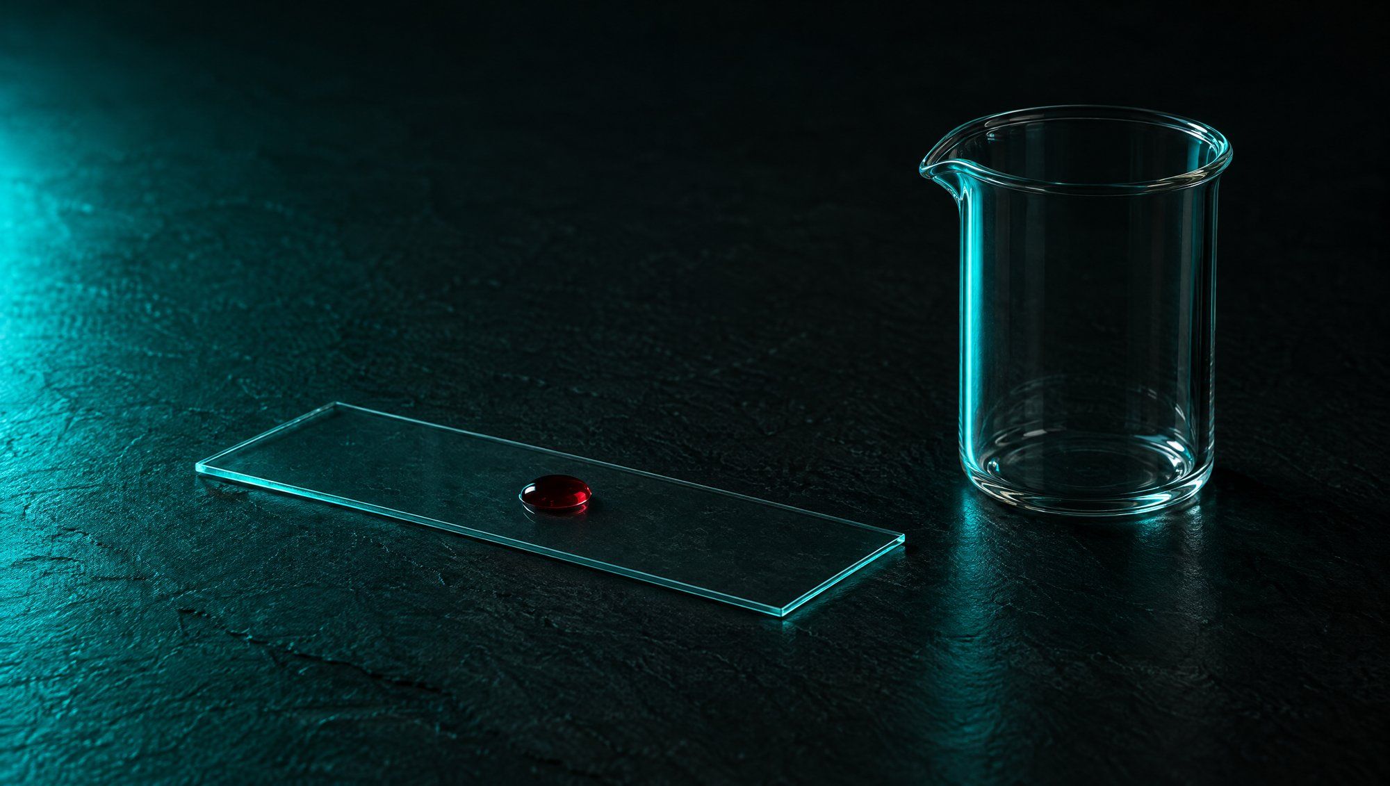 A clear glass microscope slide with a single small red droplet beside an empty glass beaker on a dark slate bench, edge-lit in teal.