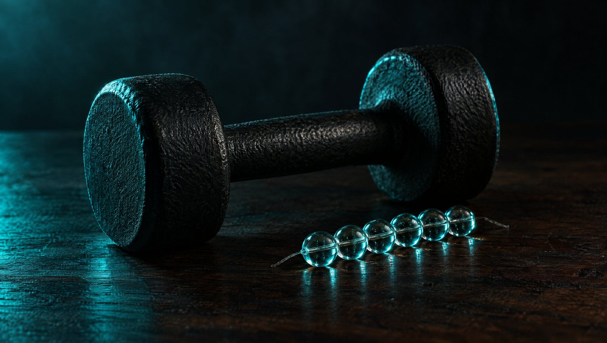 A black cast-iron dumbbell beside a short chain of six clear glass beads on a thread, resting on a dark walnut bench and lit from the side in teal.