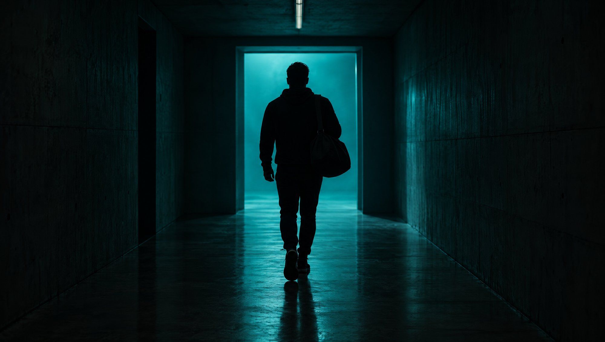 A man seen from behind in silhouette, carrying a gym bag down a dim concrete corridor toward a doorway glowing teal.