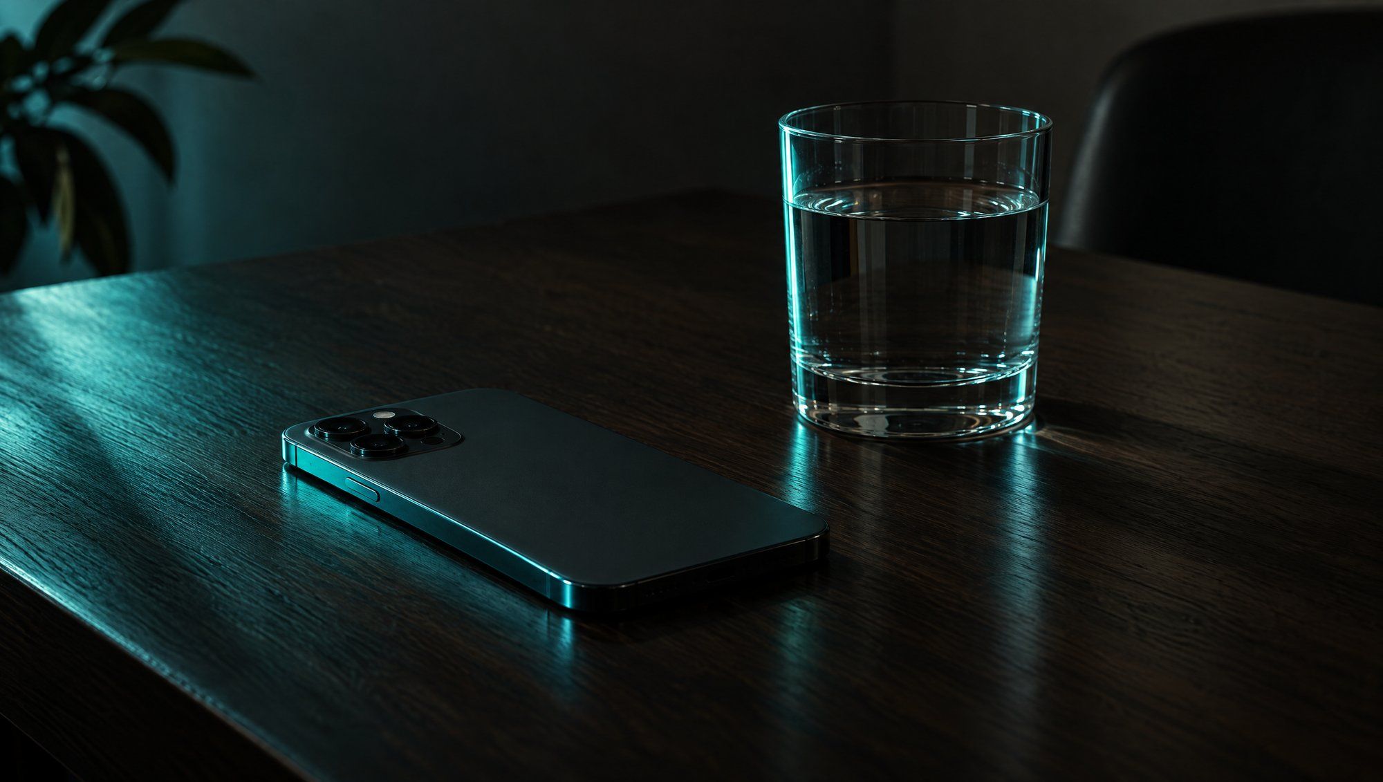 A smartphone lying face down on a dark wooden table beside a glass of water, their edges catching teal side light.