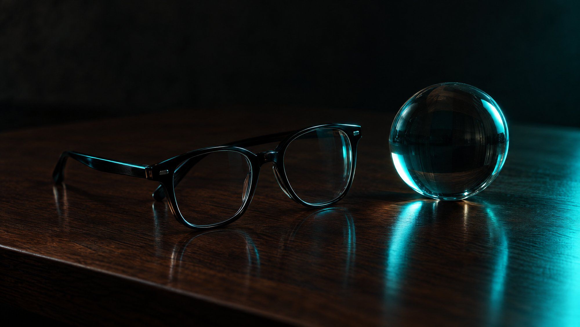 A pair of dark-framed reading glasses beside a clear glass sphere on a polished walnut desk, edge-lit in teal against a dark background.