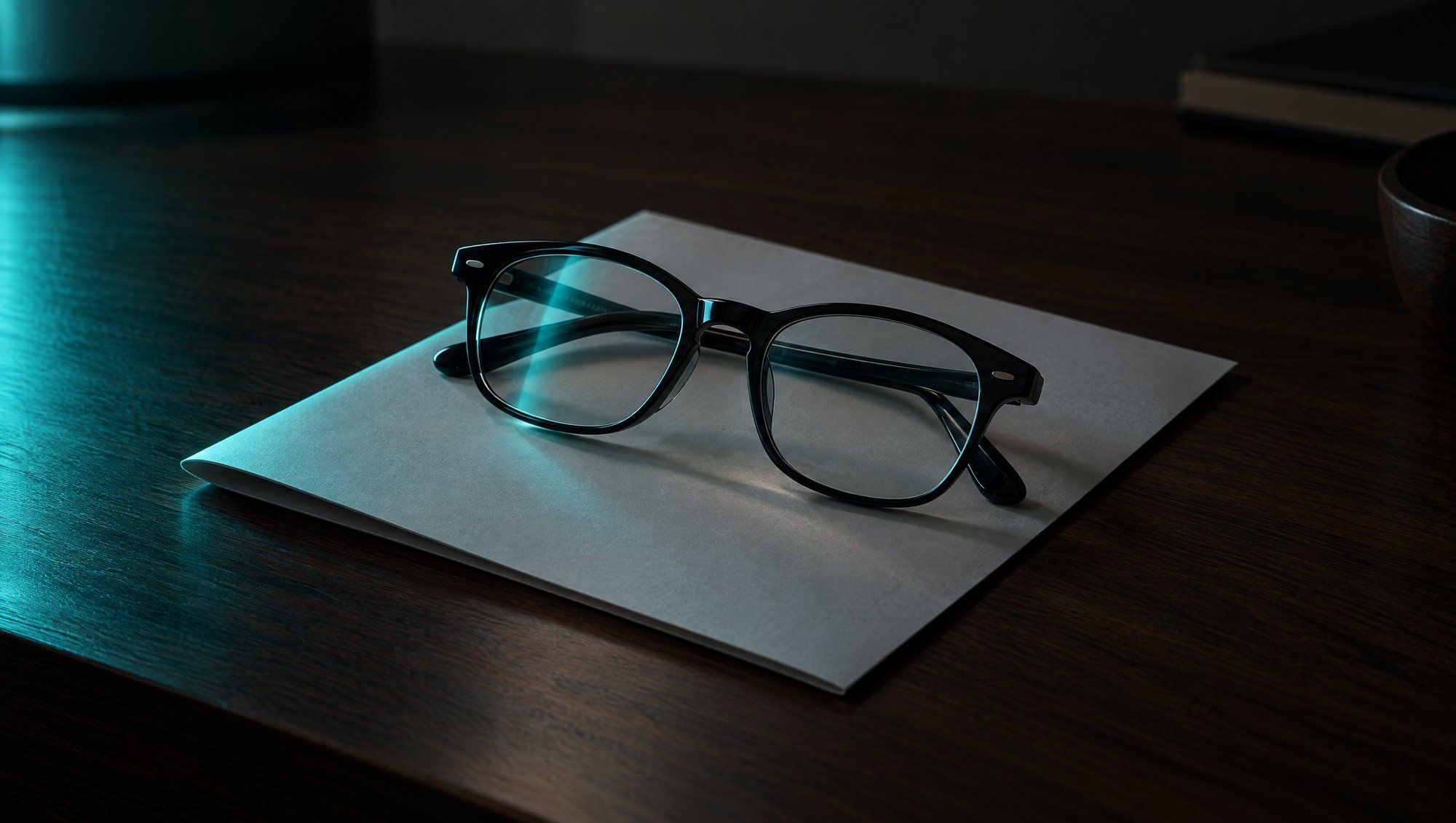 A pair of dark-framed reading glasses resting on a folded blank sheet of paper on a walnut desk, lit from the side in teal.