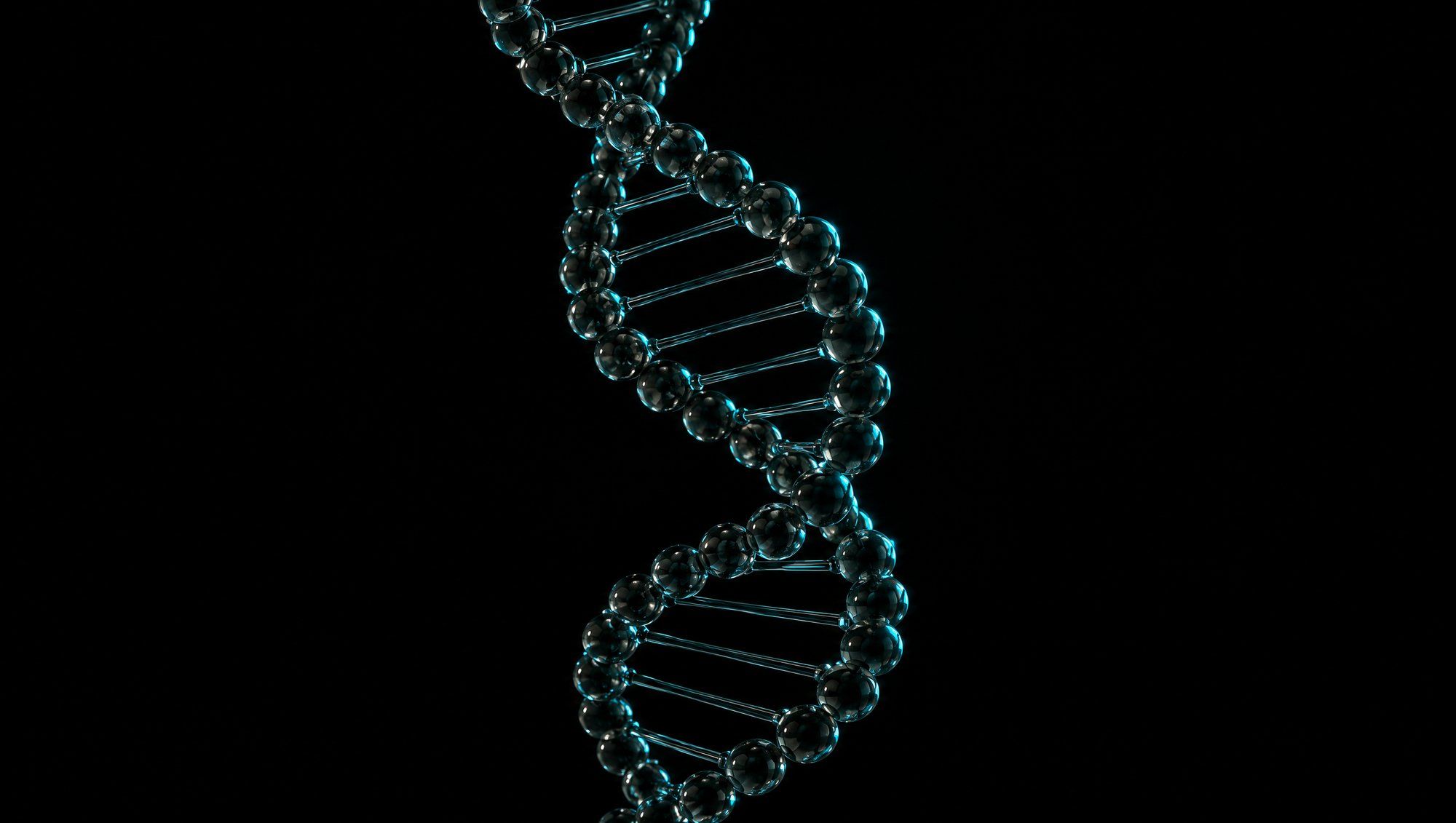 A double helix built from small smoky glass beads and thin glass rods, floating against black with teal edge light.