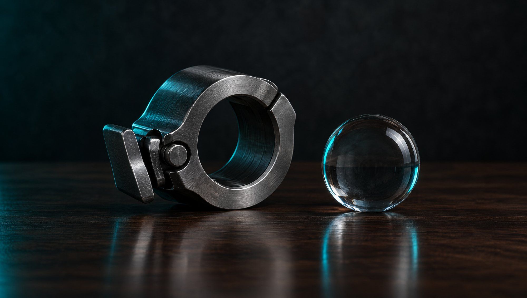 A brushed-steel barbell collar lying on its side next to a clear glass sphere on a dark walnut surface, both edged in teal light against a black background.