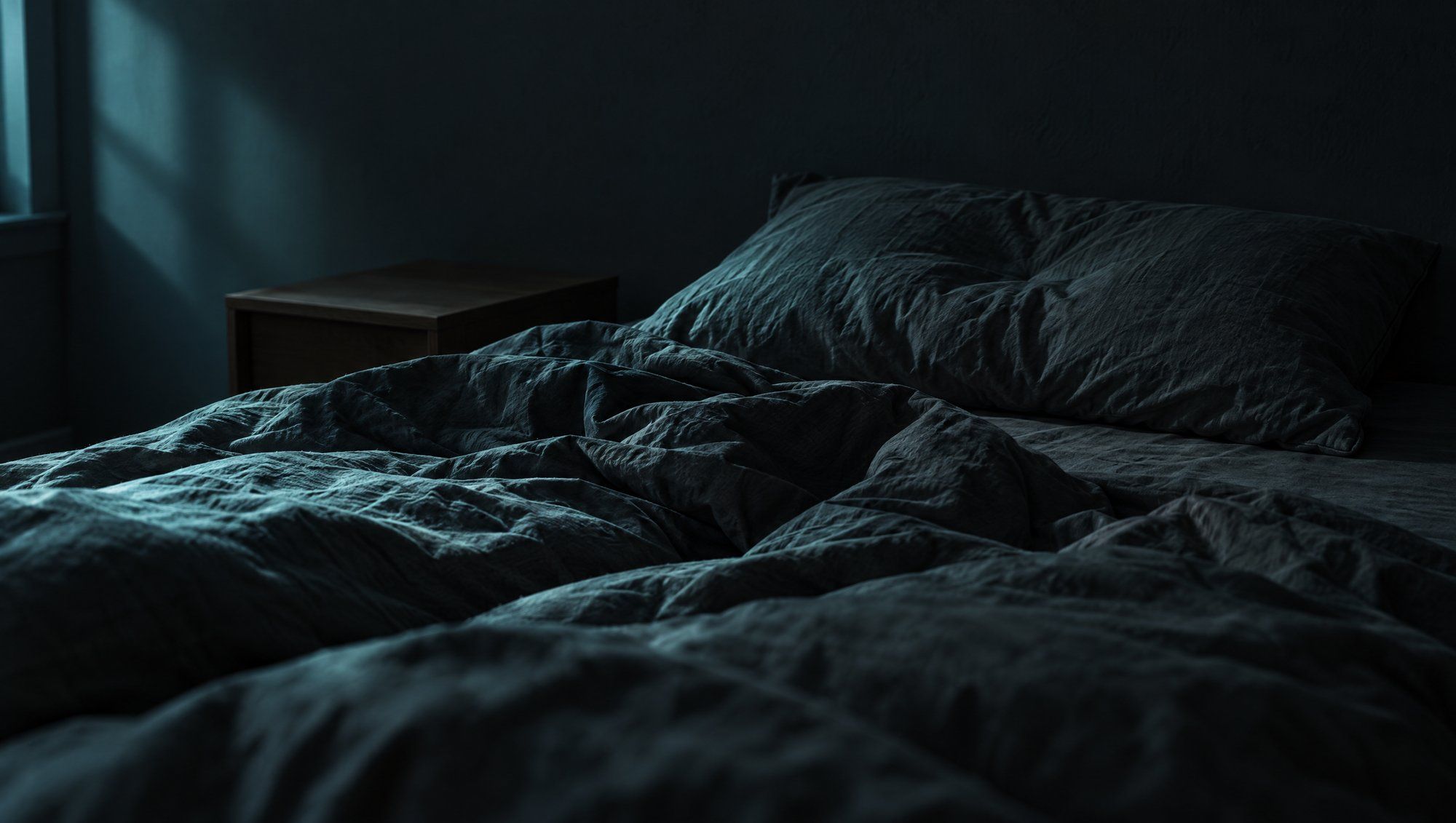 An unmade bed with a rumpled charcoal-grey duvet and pillow in a dark bedroom, with cool teal light from a window falling across the wall and a bare wooden nightstand.