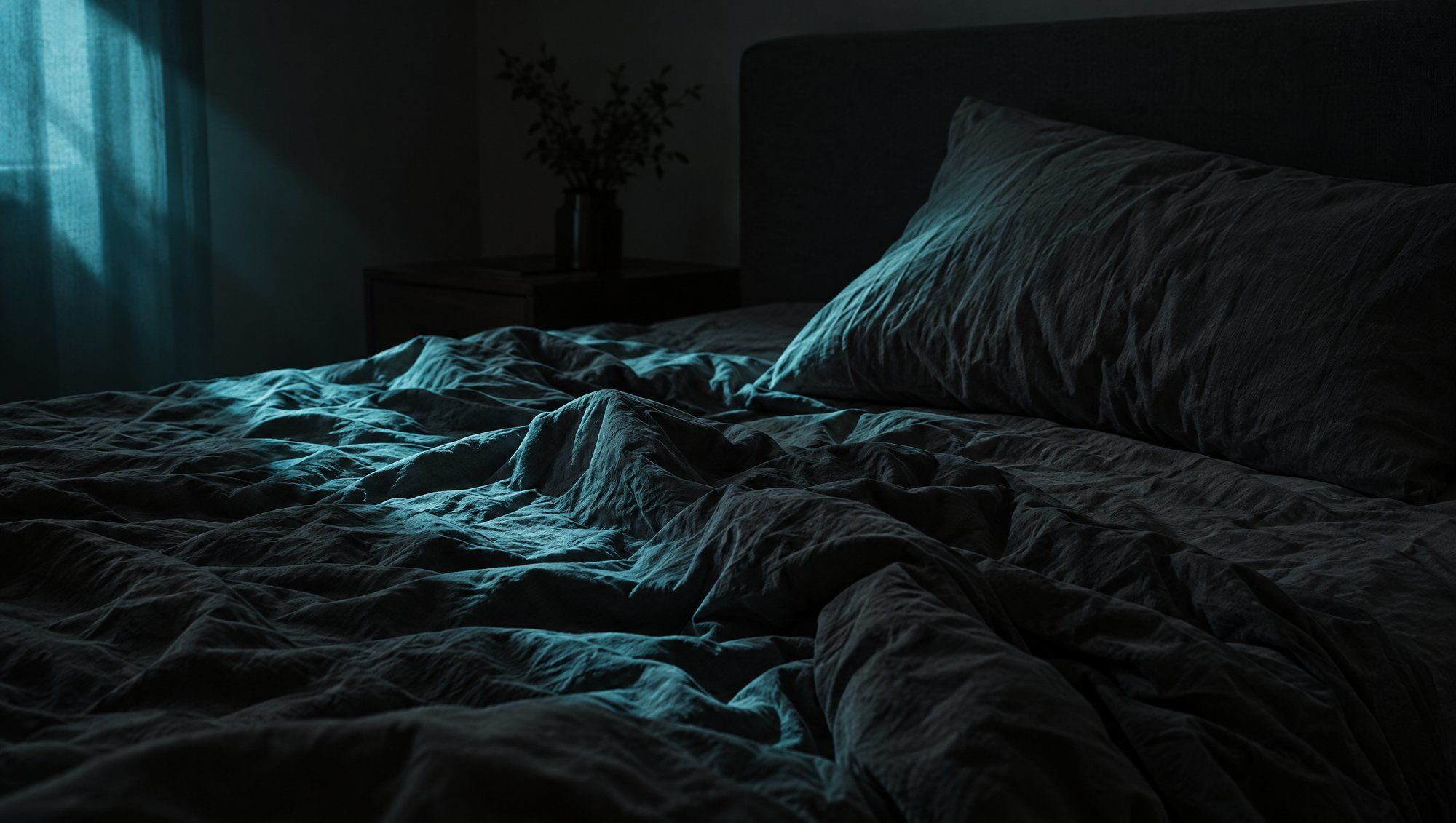 An unmade bed with rumpled dark grey sheets and a pillow in a dim bedroom, with cool teal light falling across the fabric from a window.