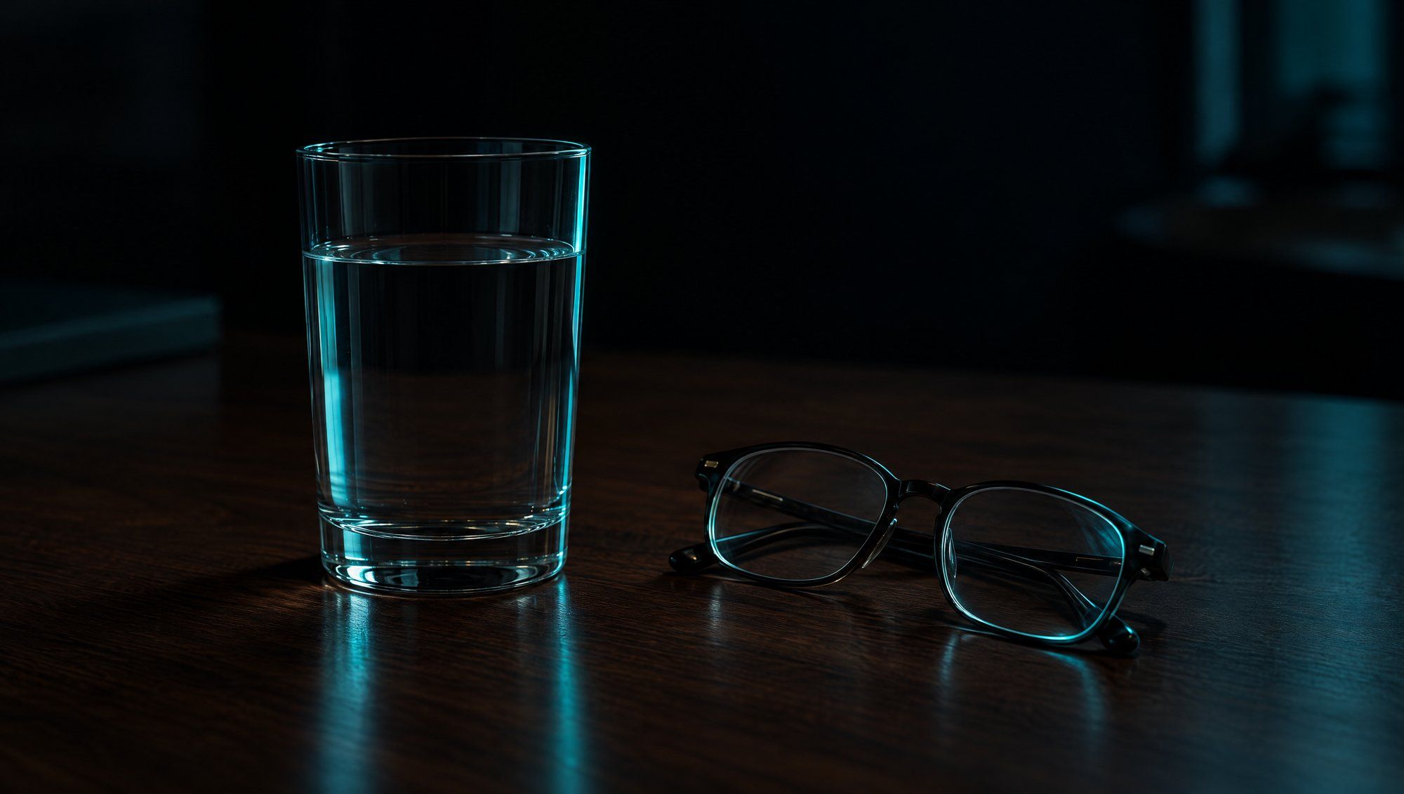 A clear glass of water standing beside a pair of folded reading glasses on a dark walnut desk, both edged in teal light against a black background.