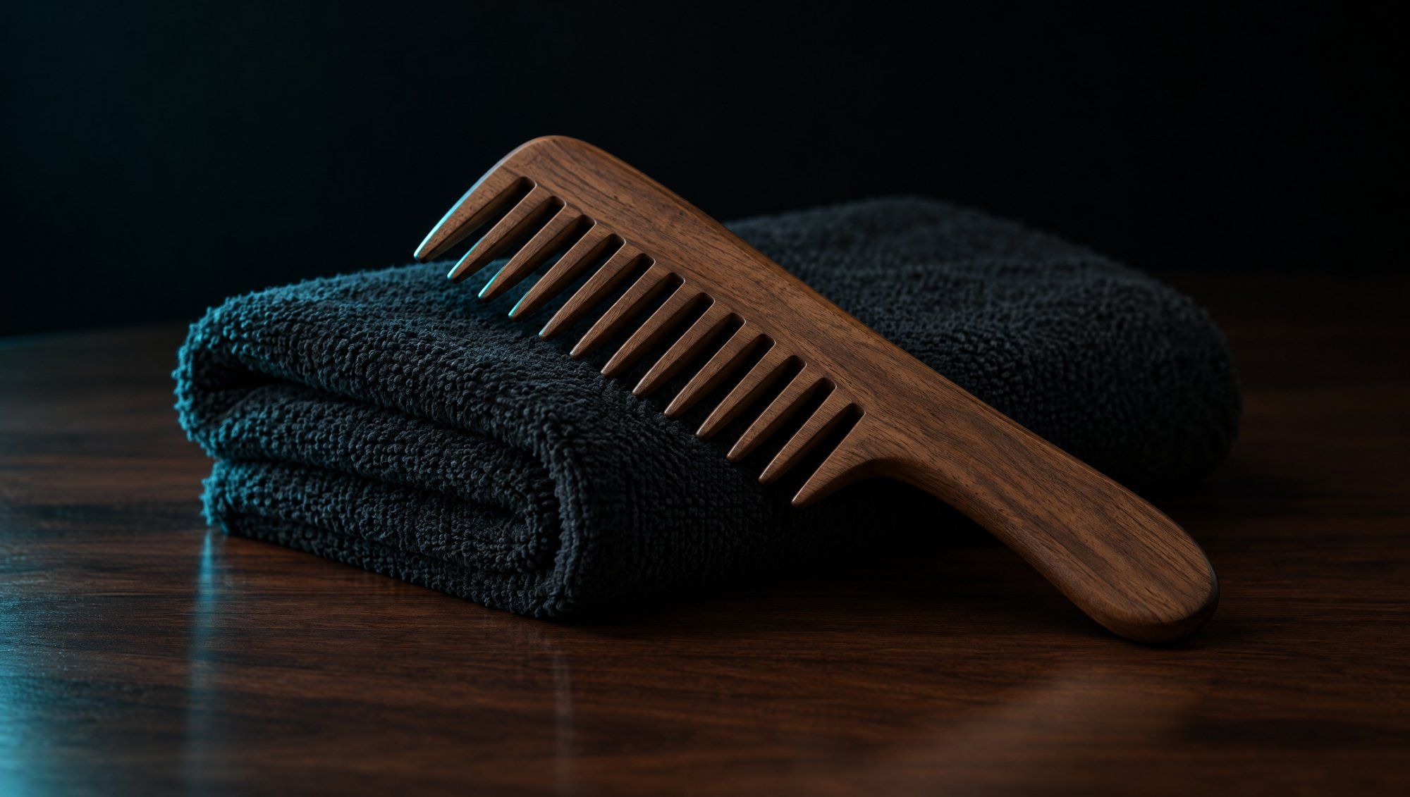 A wooden wide-tooth comb resting on a folded dark towel on a walnut surface, its teeth edge-lit in teal against a dark background.